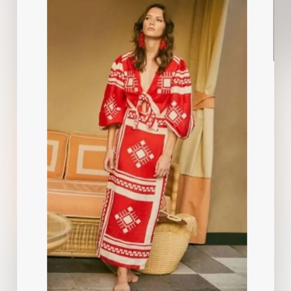 Caroline Constas Dresses & Skirts - Caroline Constas Sun Goddess Cut Out Maxi Printed linen Dress in Red and…